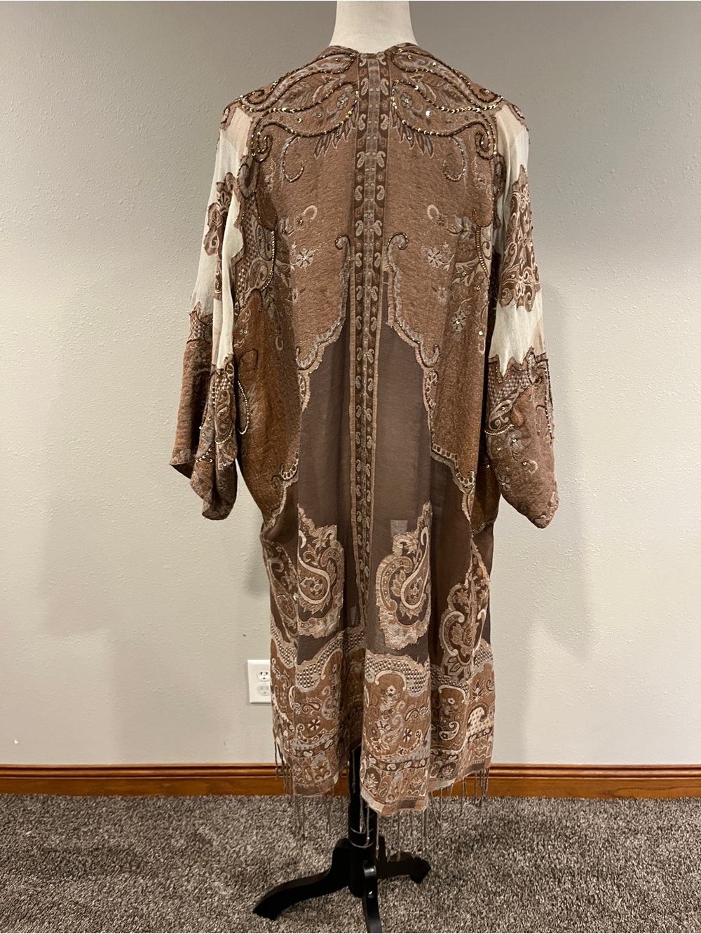 Soft Surroundings Brown Paisley beaded sequins Fringe Kimono - Picture 9 of 14
